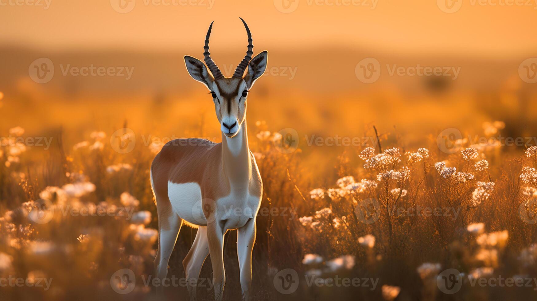 Photo of Springbok on savanna at sunset. Generative AI