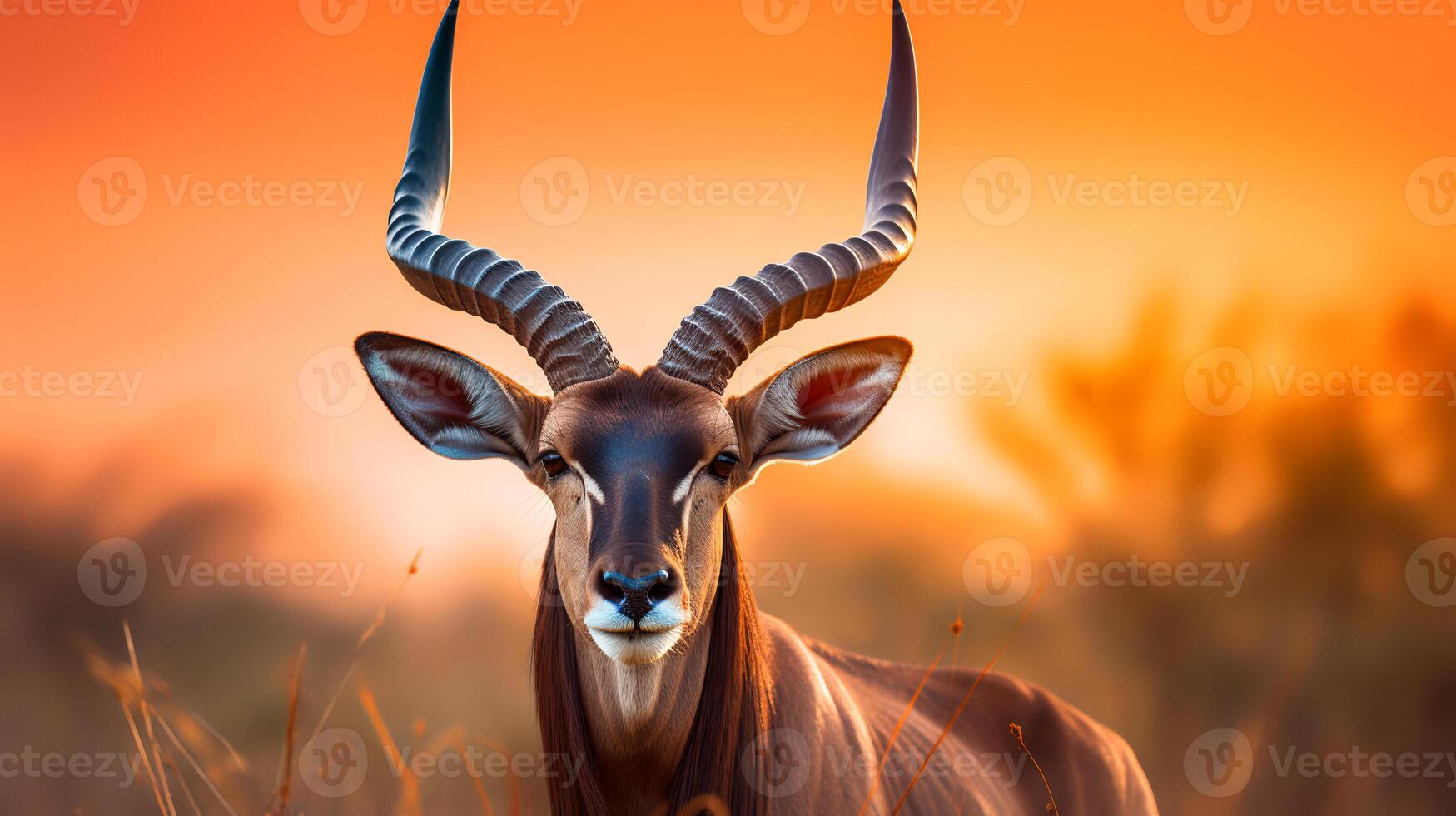 Photo of Antilope Topi on savanna at sunset.