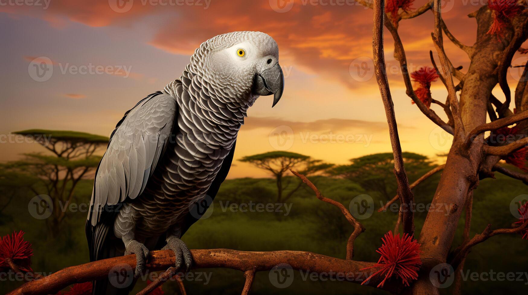 Photo of African Grey Parrot on savanna at sunset. Generative AI