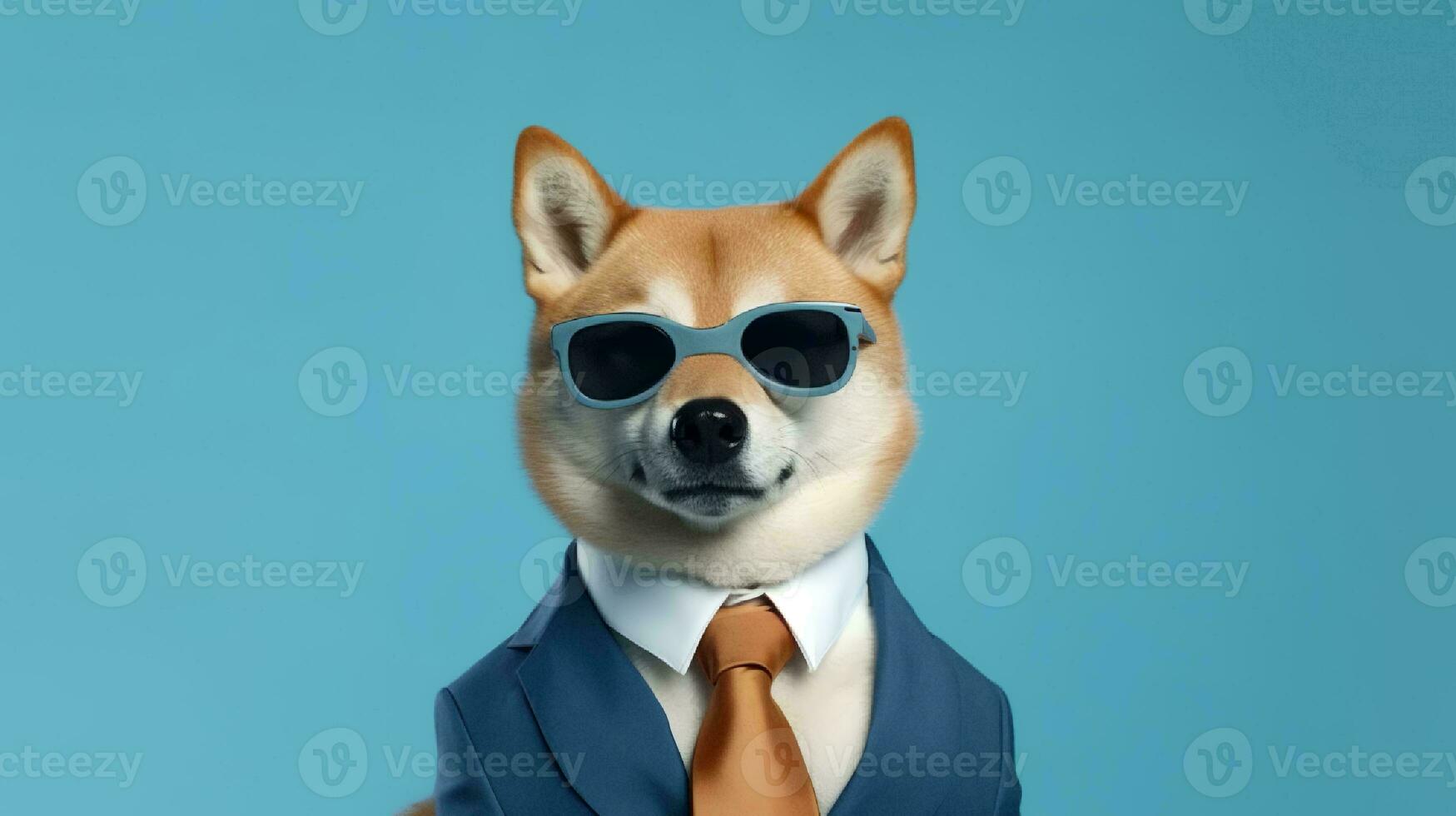 Photo of haughty shiba inu dog using glasses  and office suit on white background. Generative AI