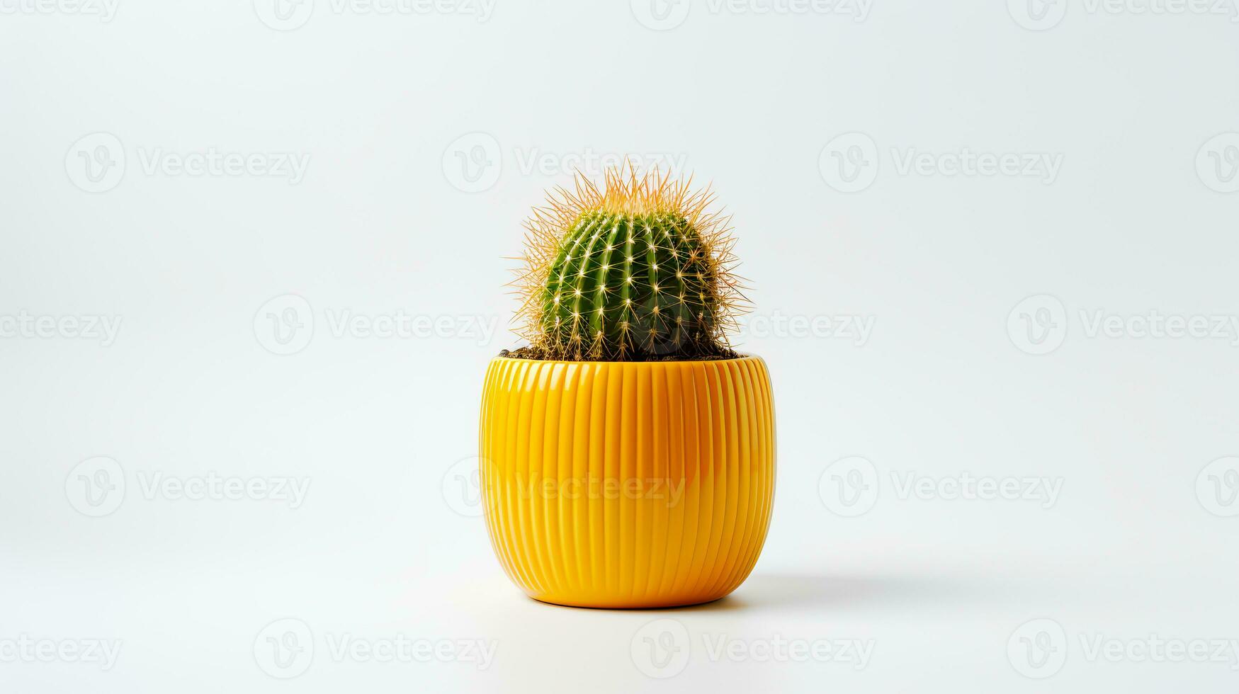 Photo of Golden barrel cactus in minimalist yellow pot as houseplant for home decoration isolated on white background. Generative AI