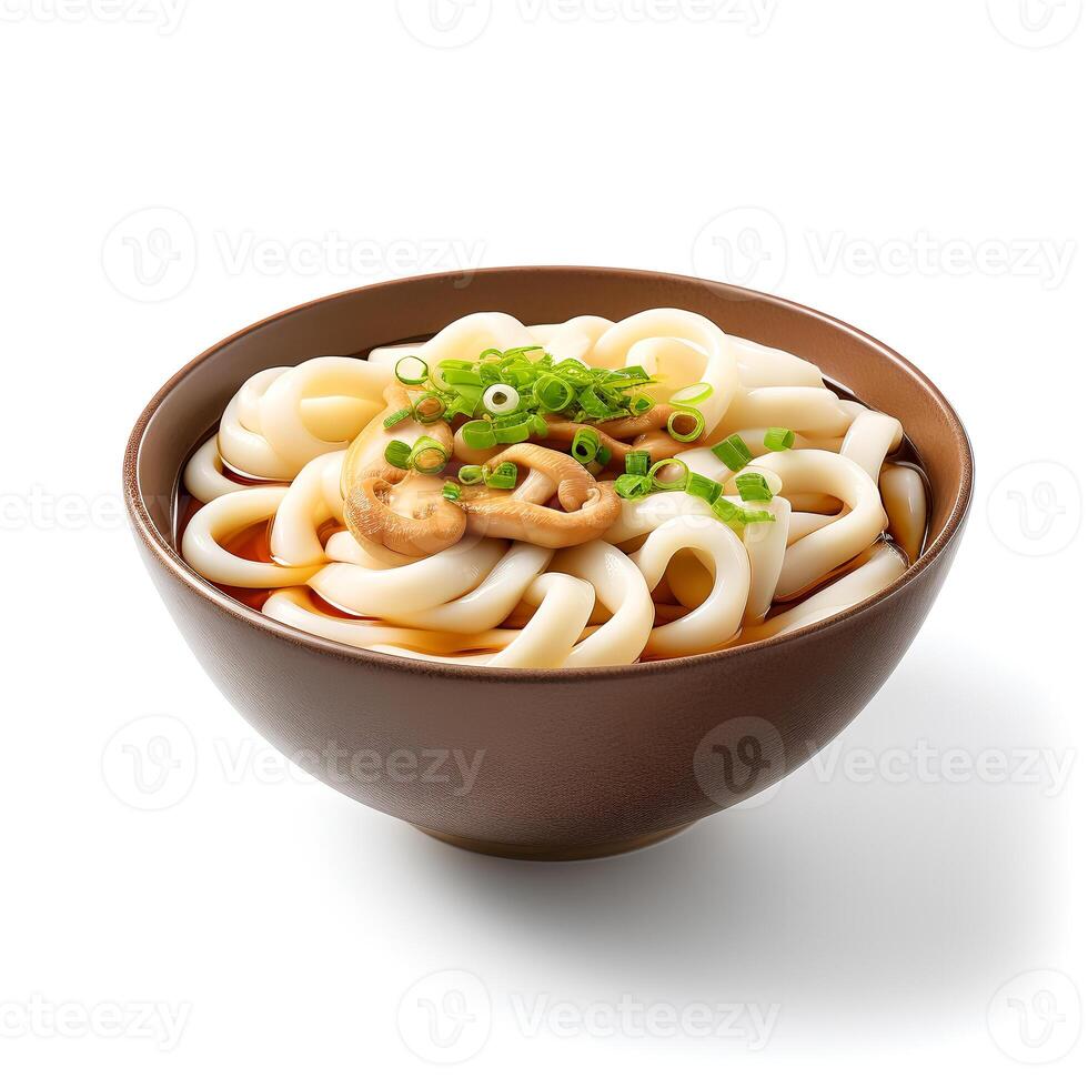 Food photography of Udon on brown bowl isolated on white background. photo