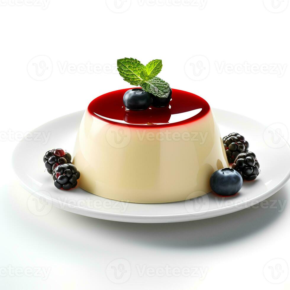 Food photography of Panna cotta on glass isolated on white background. Generative AI photo