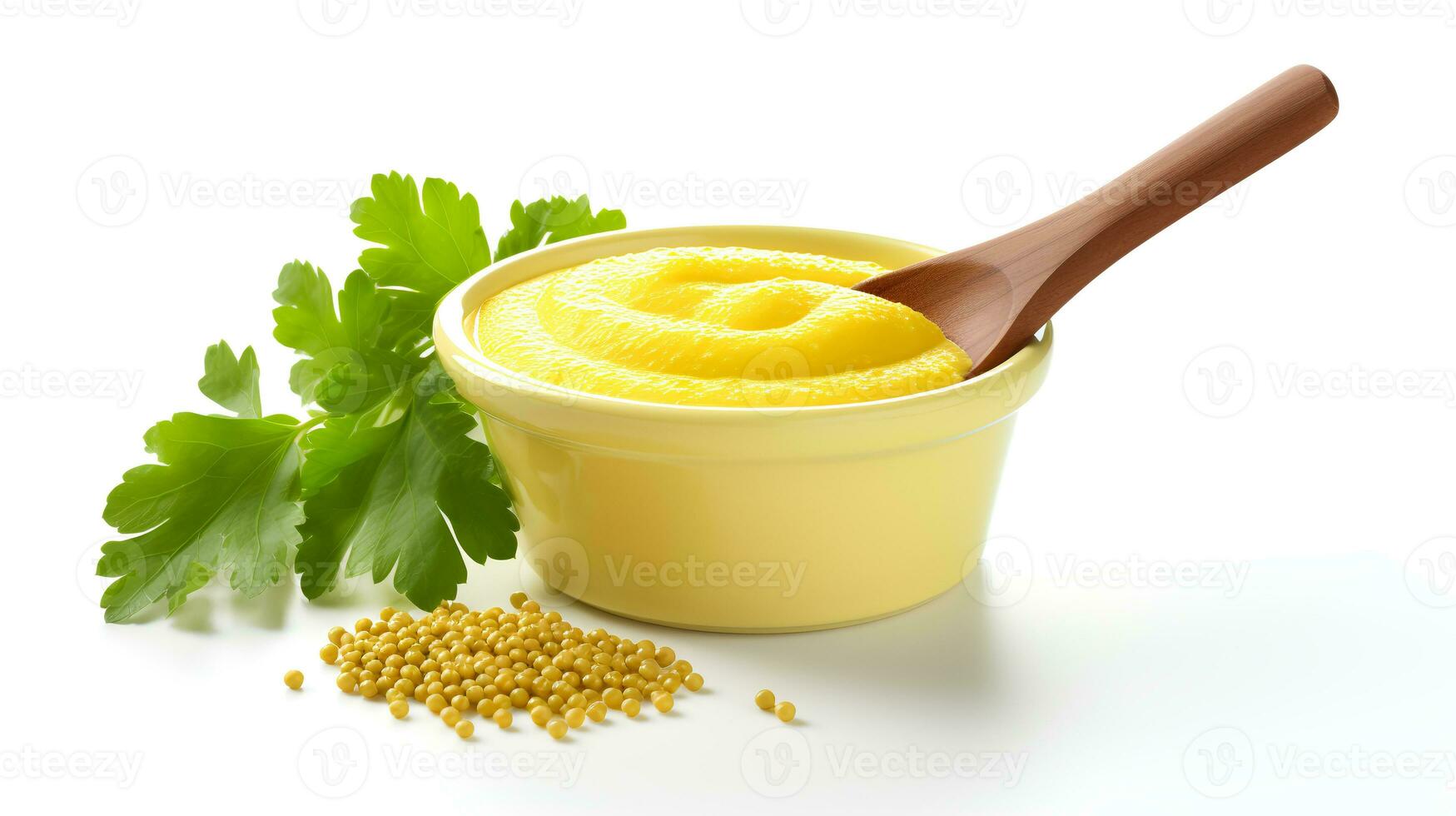 Photo of Mustard on bowl with green leaf isolated on white background
