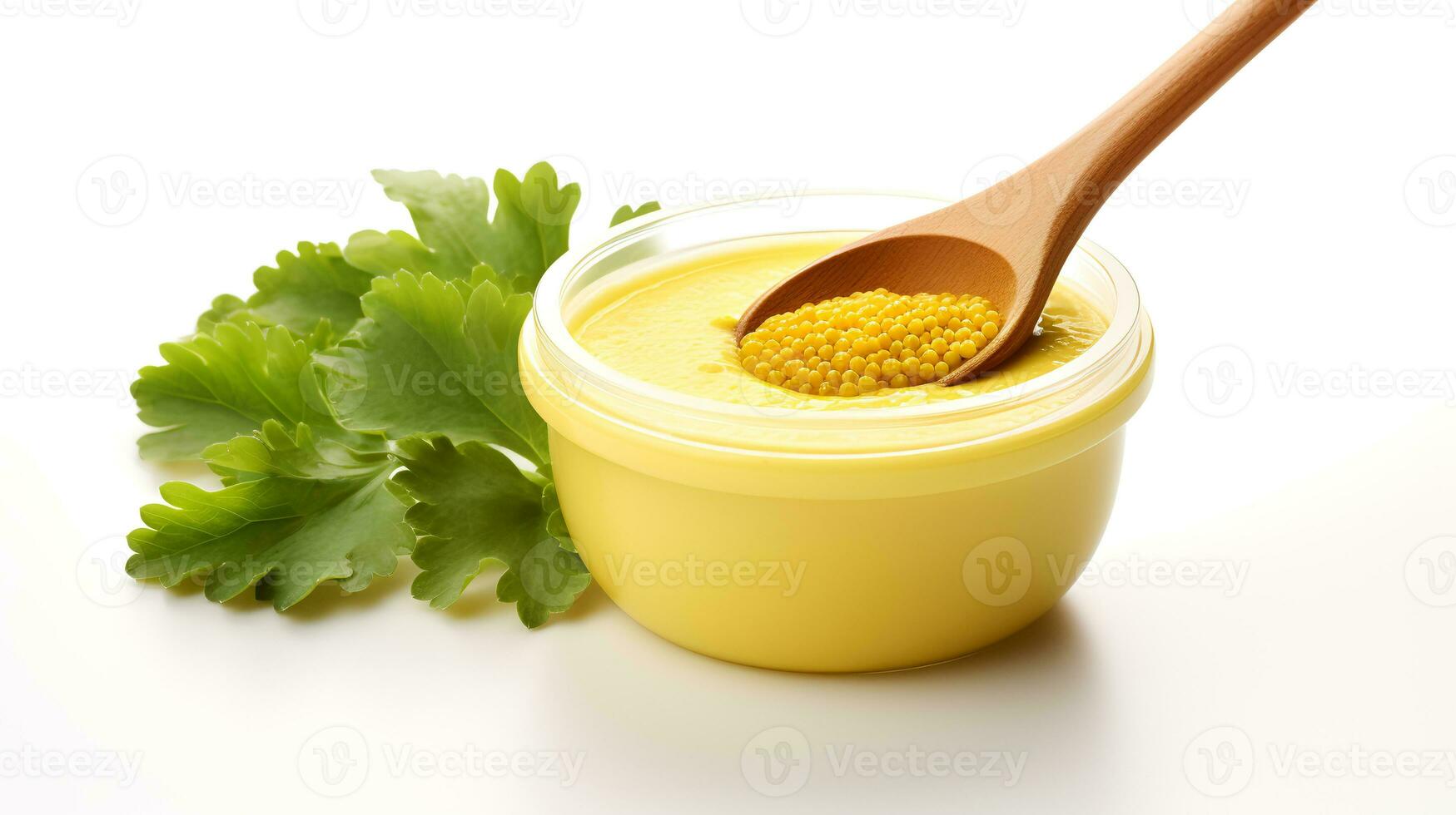 Photo of Mustard on bowl with green leaf isolated on white background