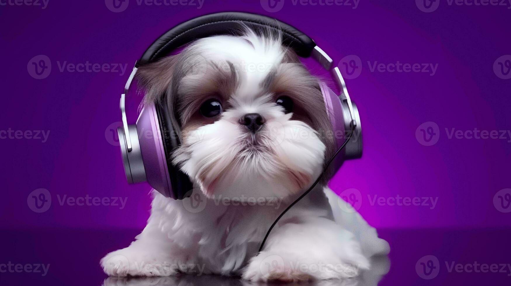 Photo of shih tzu using headphone  on purple background. Generative AI