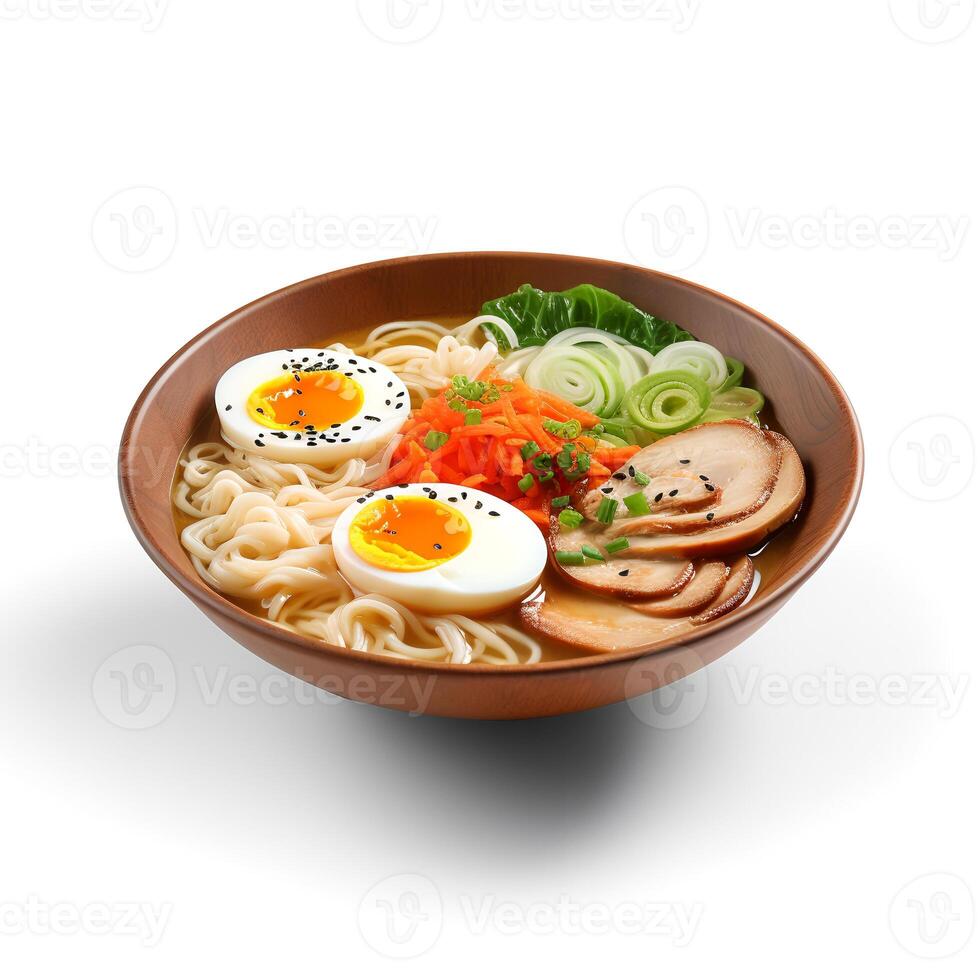 Food photography of Ramen on brown bowl isolated on white background. photo