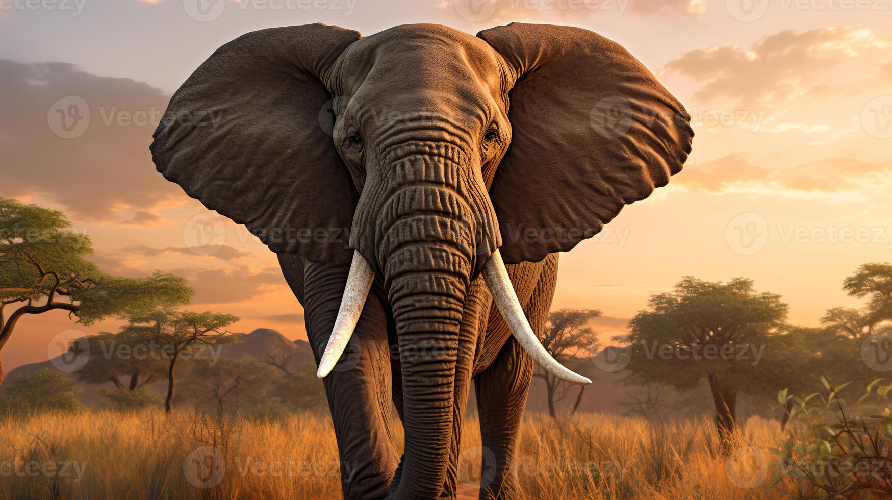 Photo of African Elephant on savanna at sunset. Generative AI