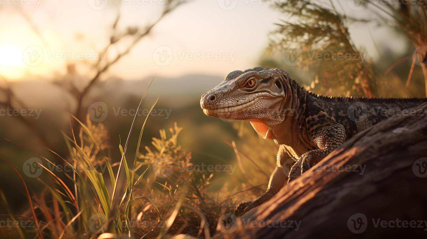 Photo of Nile Monitor on savanna at sunset.
