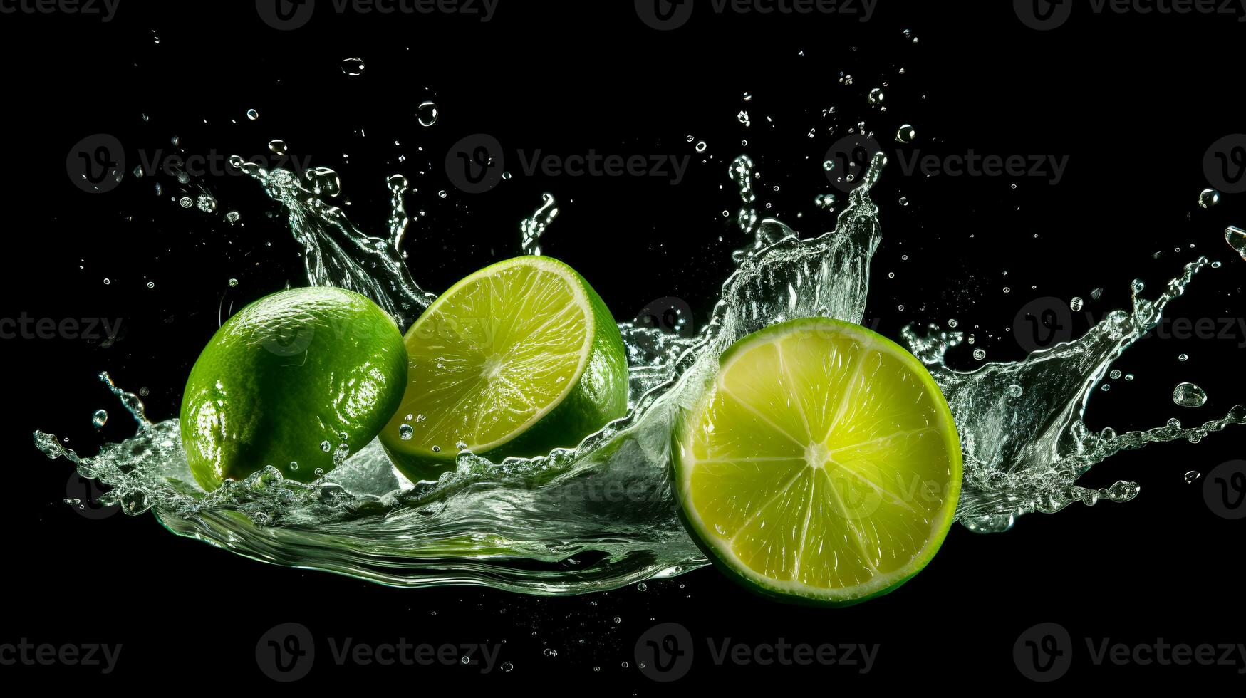 Photo of sliced Lemon with water splashes isolated on black background