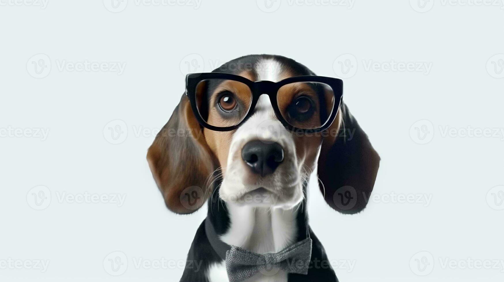 Photo of haughty Beagle using glasses  and office suit on white background. Generative AI