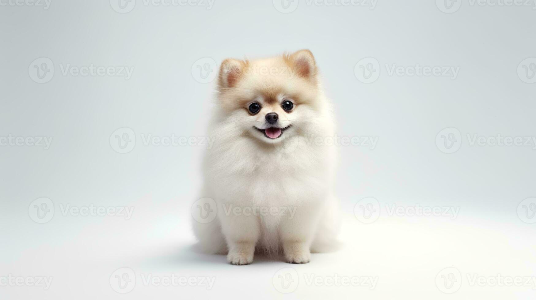 foto de un pomeranio perro en blanco antecedentes. generativo ai