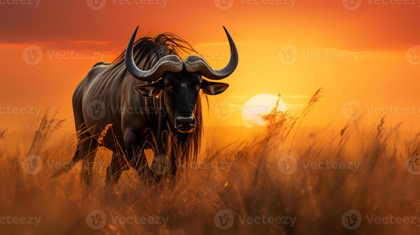 Photo of Wildebeest on savanna at sunset. Generative AI