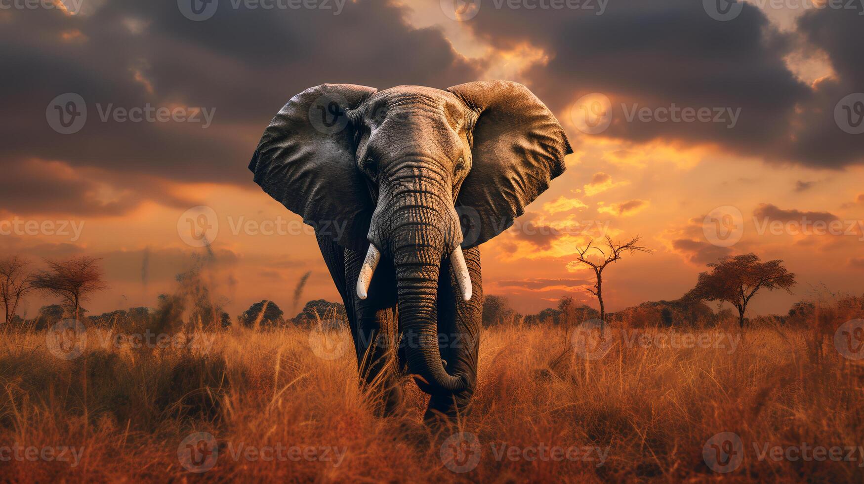 Photo of Elephant on savanna at sunset. Generative AI