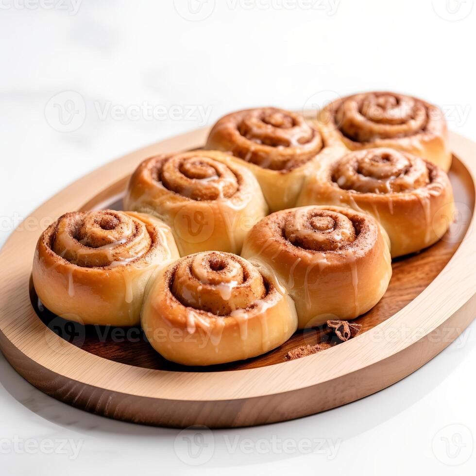 Photo of cinnamon rolls on wooden board isolated on white background. Created by Generative AI