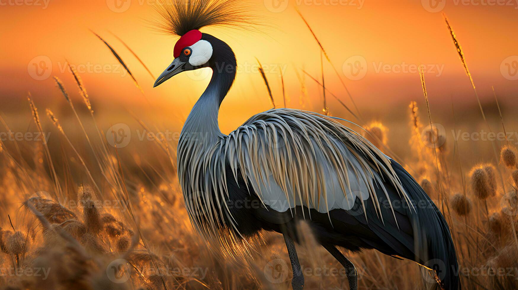 Photo of Grey Crowned Crane on savanna at sunset. Generative AI