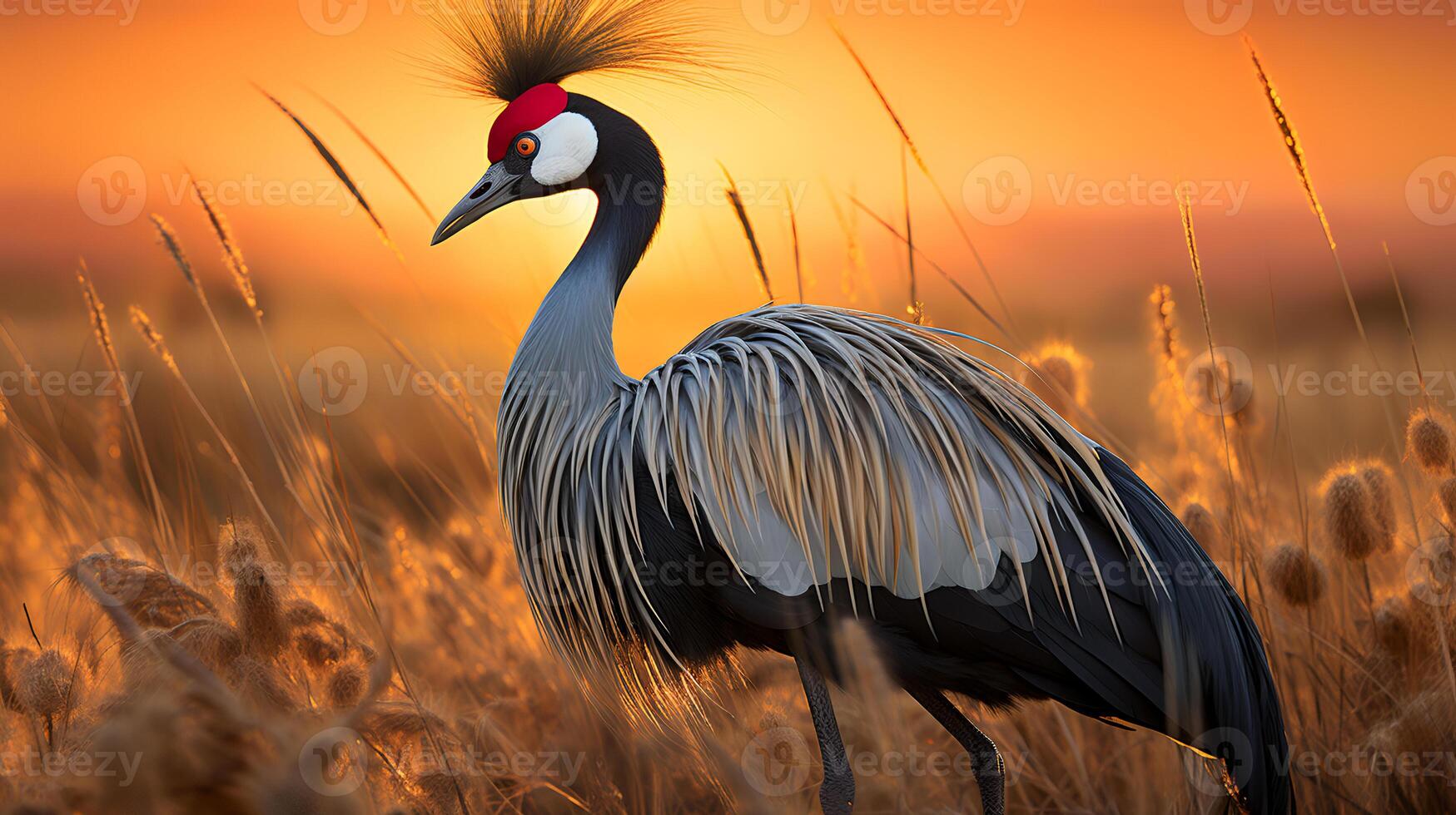 Photo of Grey Crowned Crane on savanna at sunset.