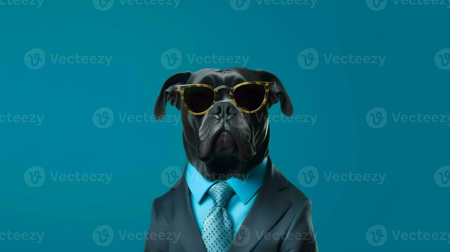 Photo of haughty cane corso using sunglasses  and office suit on white background. Generative AI