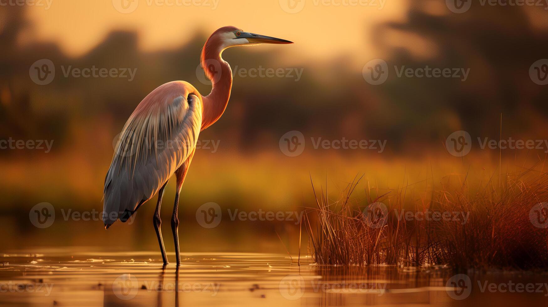 Photo of Goliath Heron on savanna at sunset.