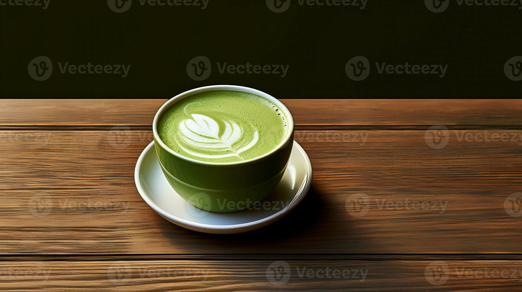 Food photography of matcha latte on wooden table. Generative AI photo