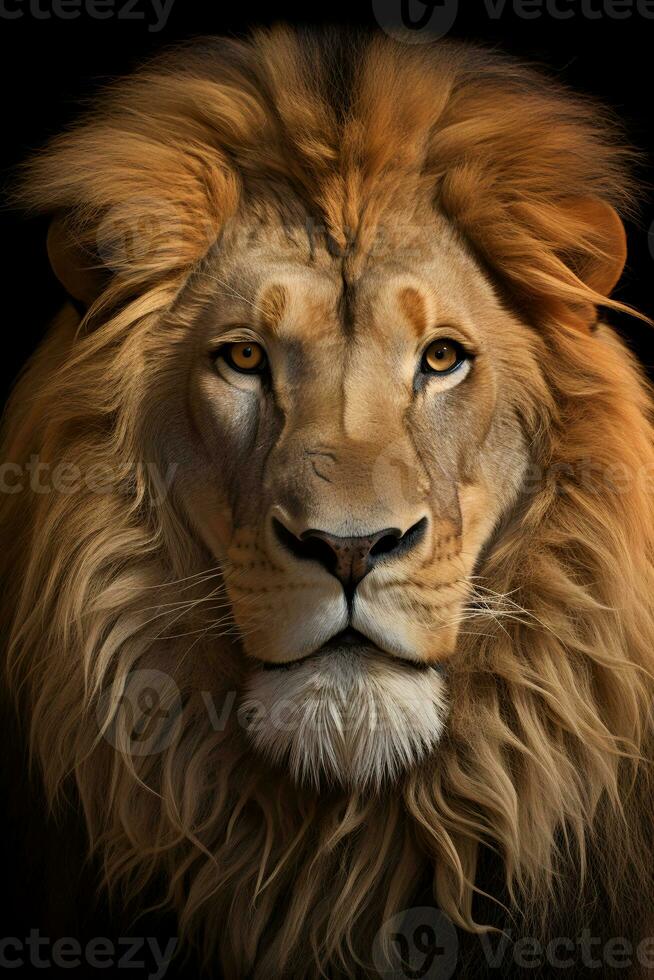 Photo of lion isolated on black background. Generative AI