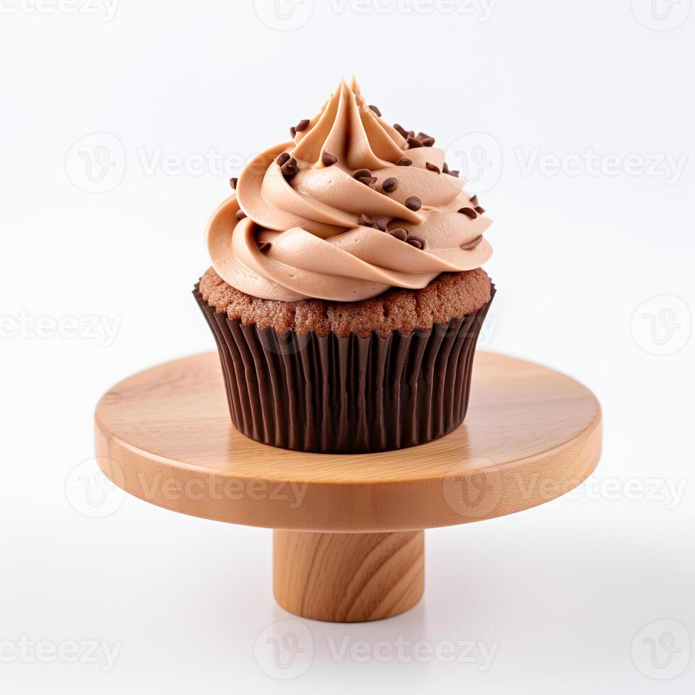 Photo of cup cake on wooden board isolated on white background. Created by Generative AI