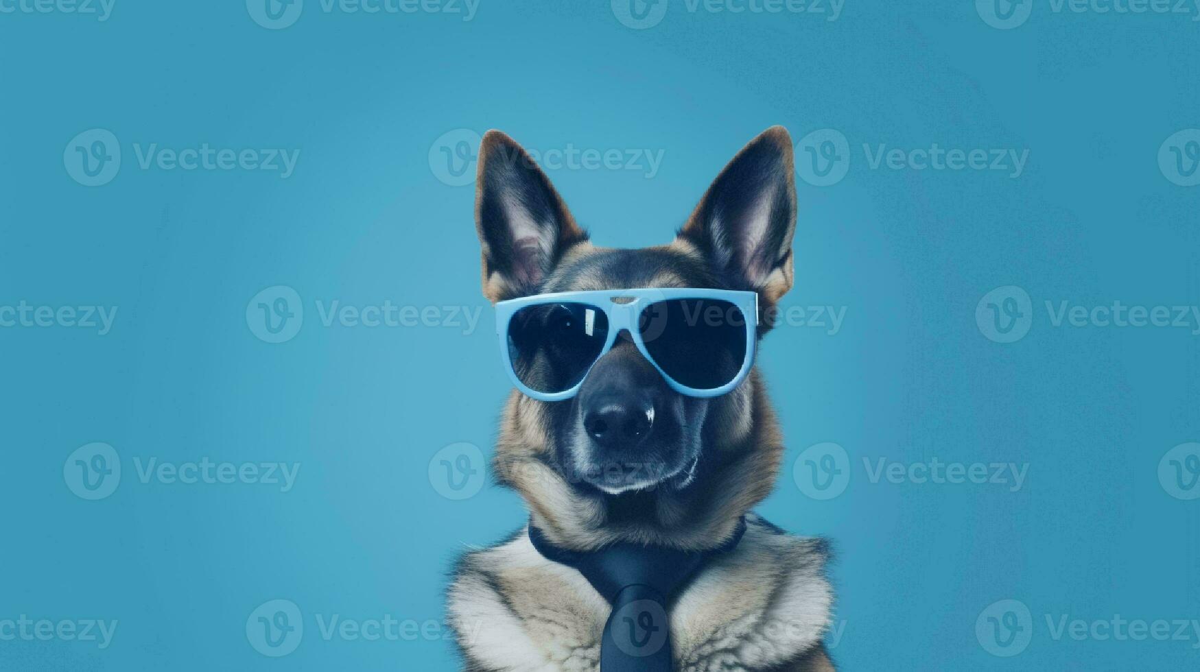 Photo of haughty german shepherd using sunglasses  and office suit on white background. Generative AI