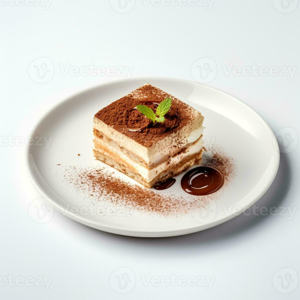 Food photography of Tiramisu on plate isolated on white background. Generative AI photo