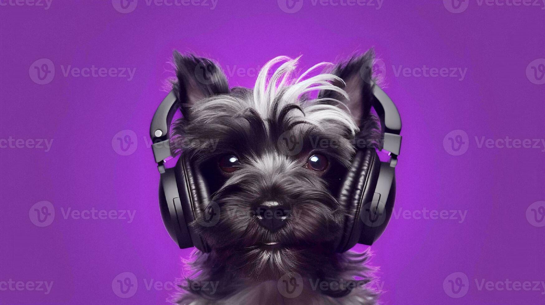 Photo of Affenpinscher using headphone  on purple background. Generative AI