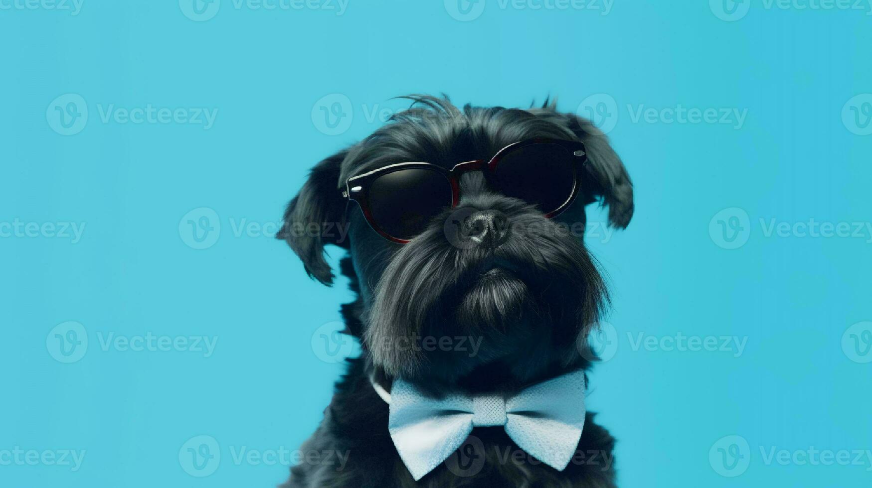 Photo of haughty Affenpinscher dog using glasses  and office suit on blue background