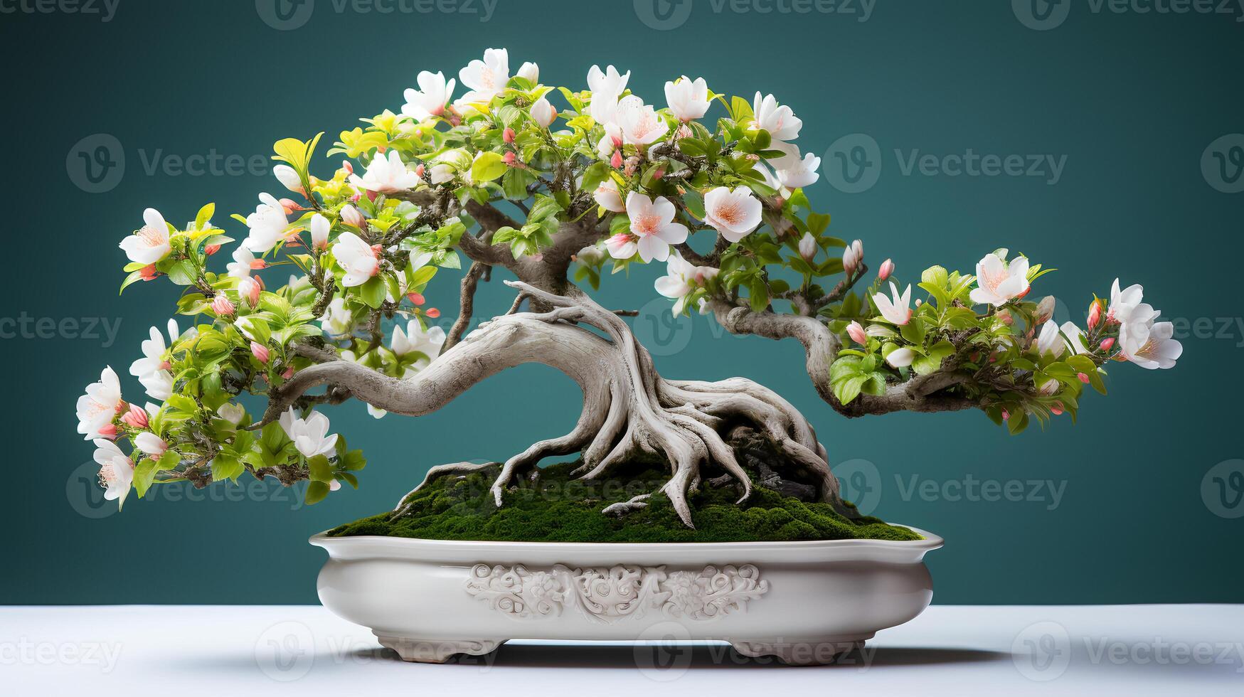 Photo of bonsai in minimalist pot as houseplant for home decoration isolated on blurry background.