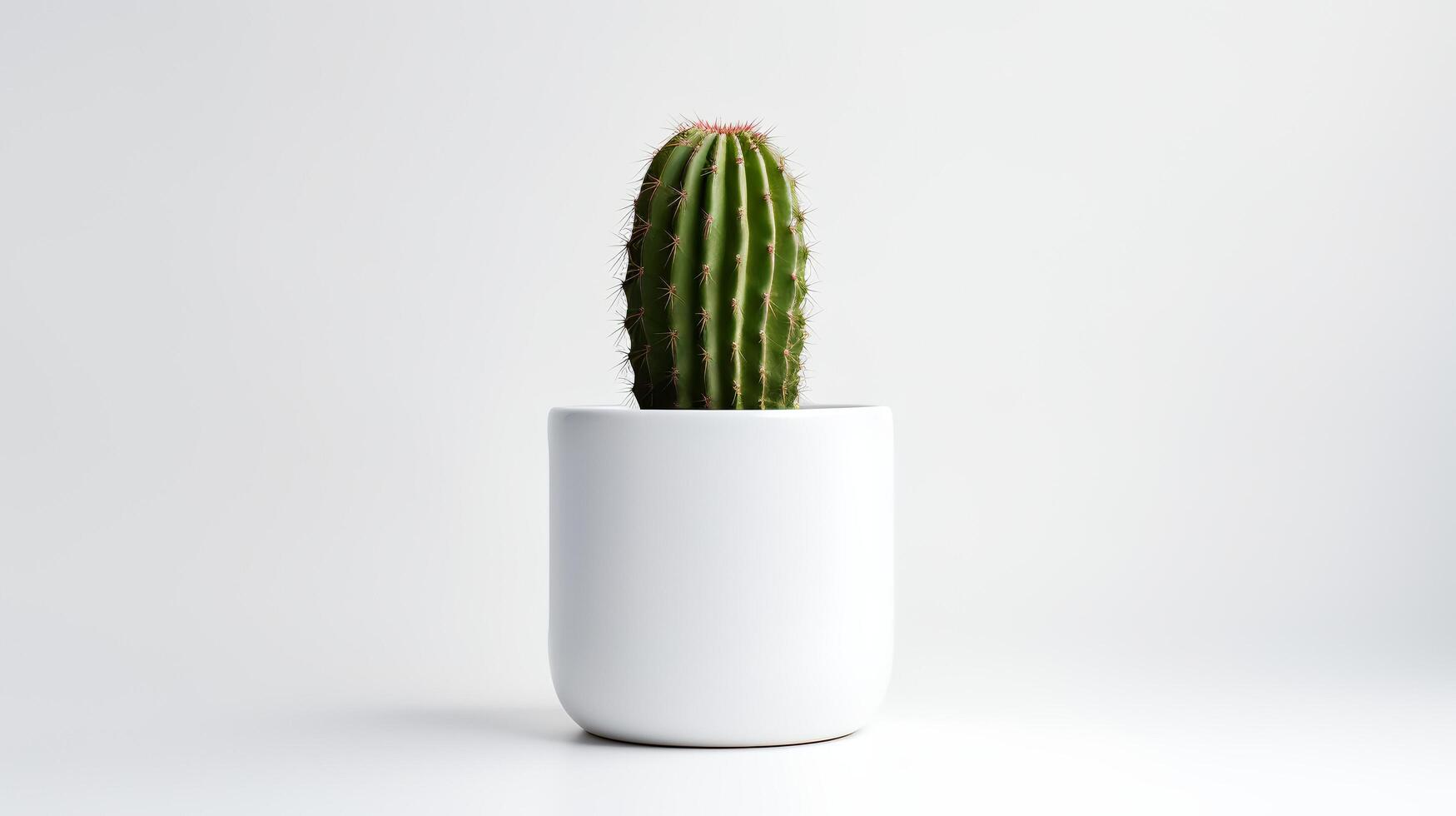 Photo of cactus in minimalist pot as houseplant for home decoration isolated on white background.