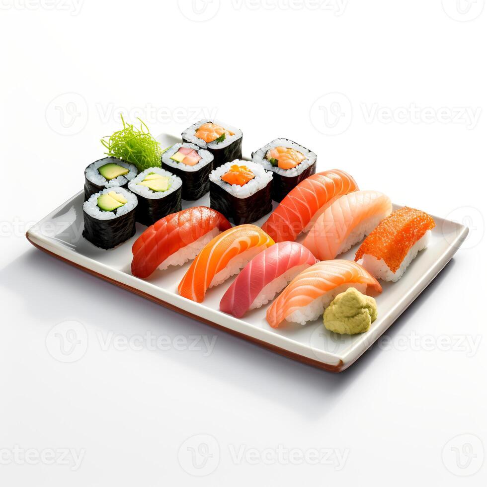 Food photography of Sushi on plate isolated on white background. Generative AI photo