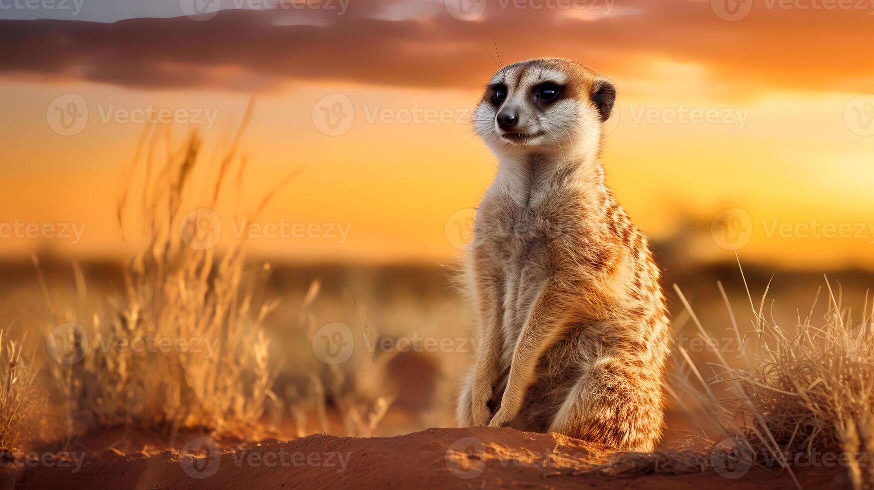 Photo of Meerkat on savanna at sunset. Generative AI