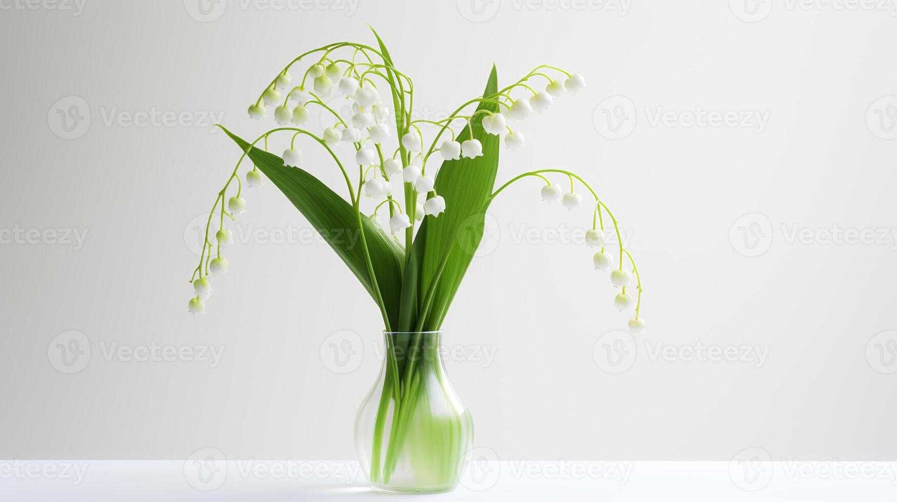 Photo of lily oh the valley in transparent vase as houseplant for home decoration isolated on white background. Generative AI