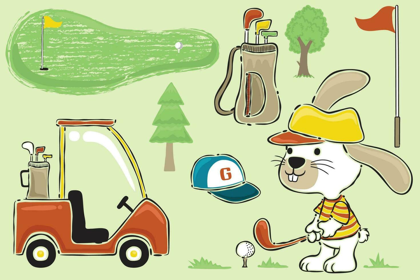 Vector cartoon set of funny bunny playing golf with golf elements