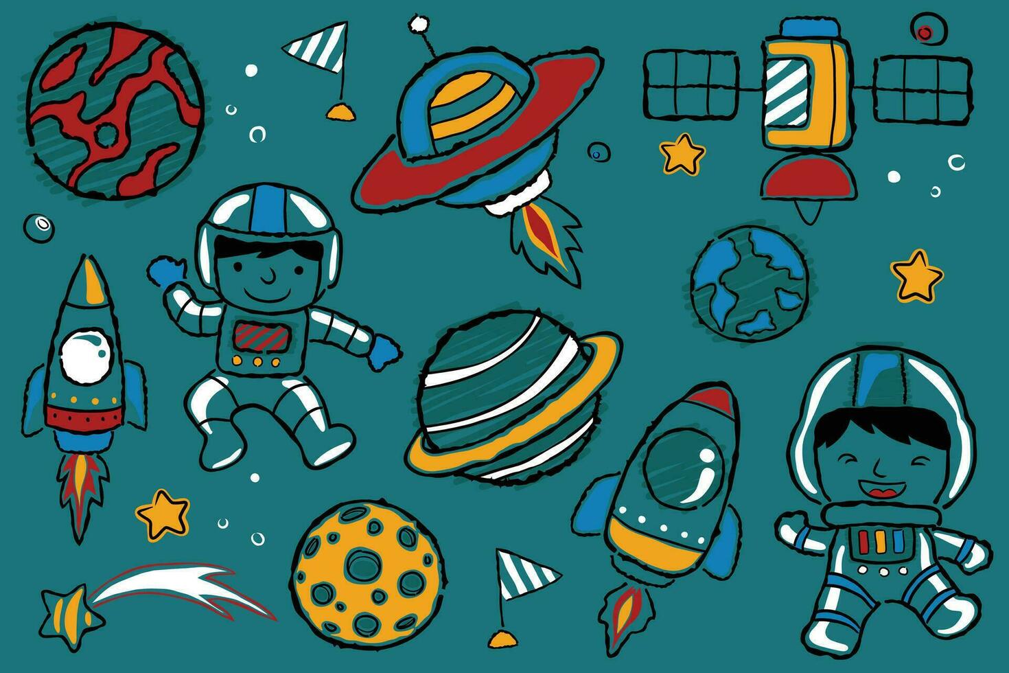 Vector set of space elements cartoon with little astronaut in hand drawn styles