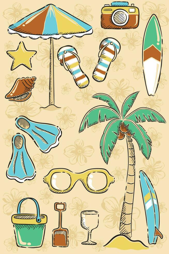 Set of beach vacations elements on flowers background pattern in hand drawing styles vector