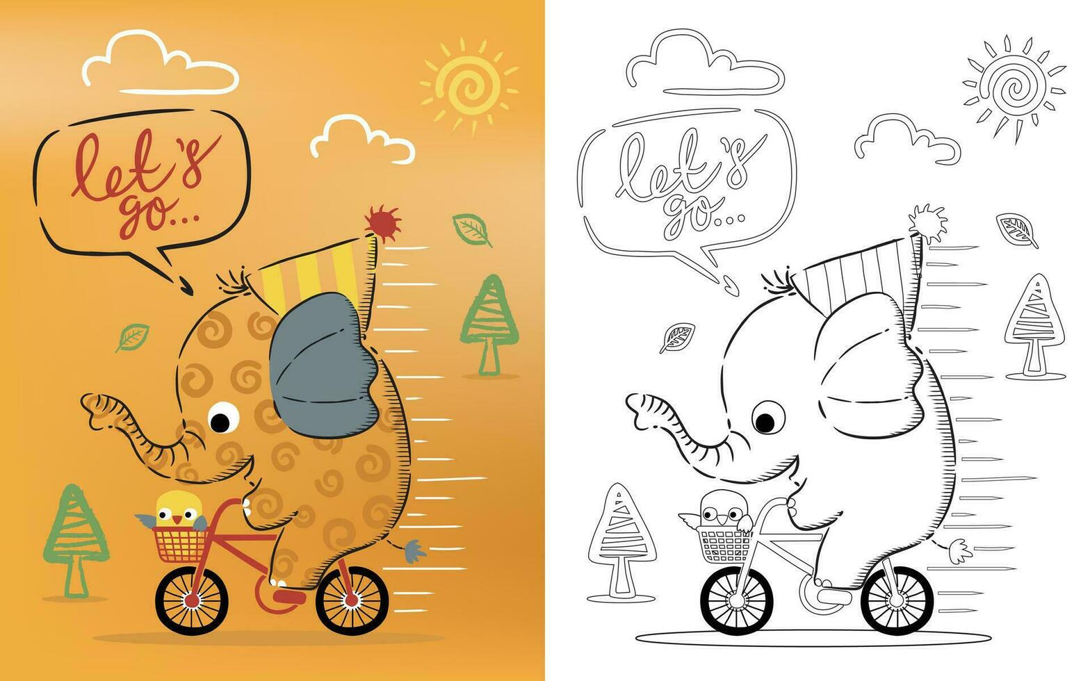 Coloring book cartoon of funny elephant riding bike with a little bird in line art styles vector