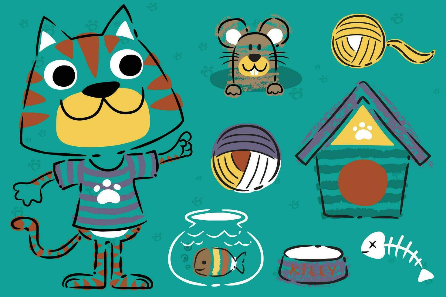gracioso gato y ratón con juguetes en mano dibujado estilo vector