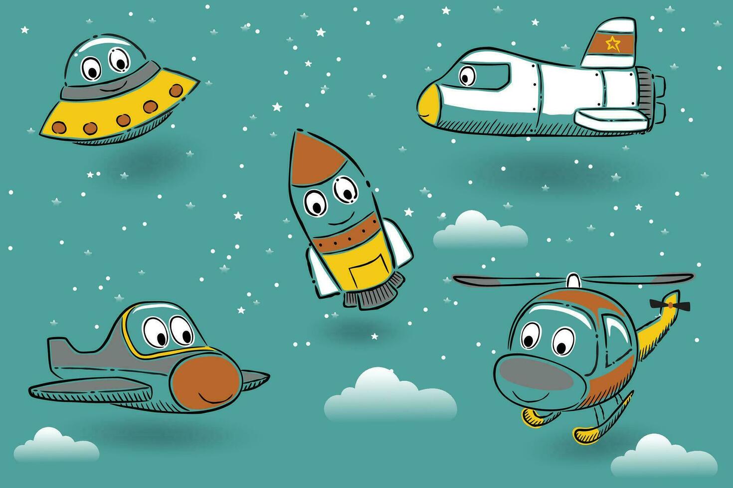 vector conjunto de gracioso aire transporte dibujos animados con astronave