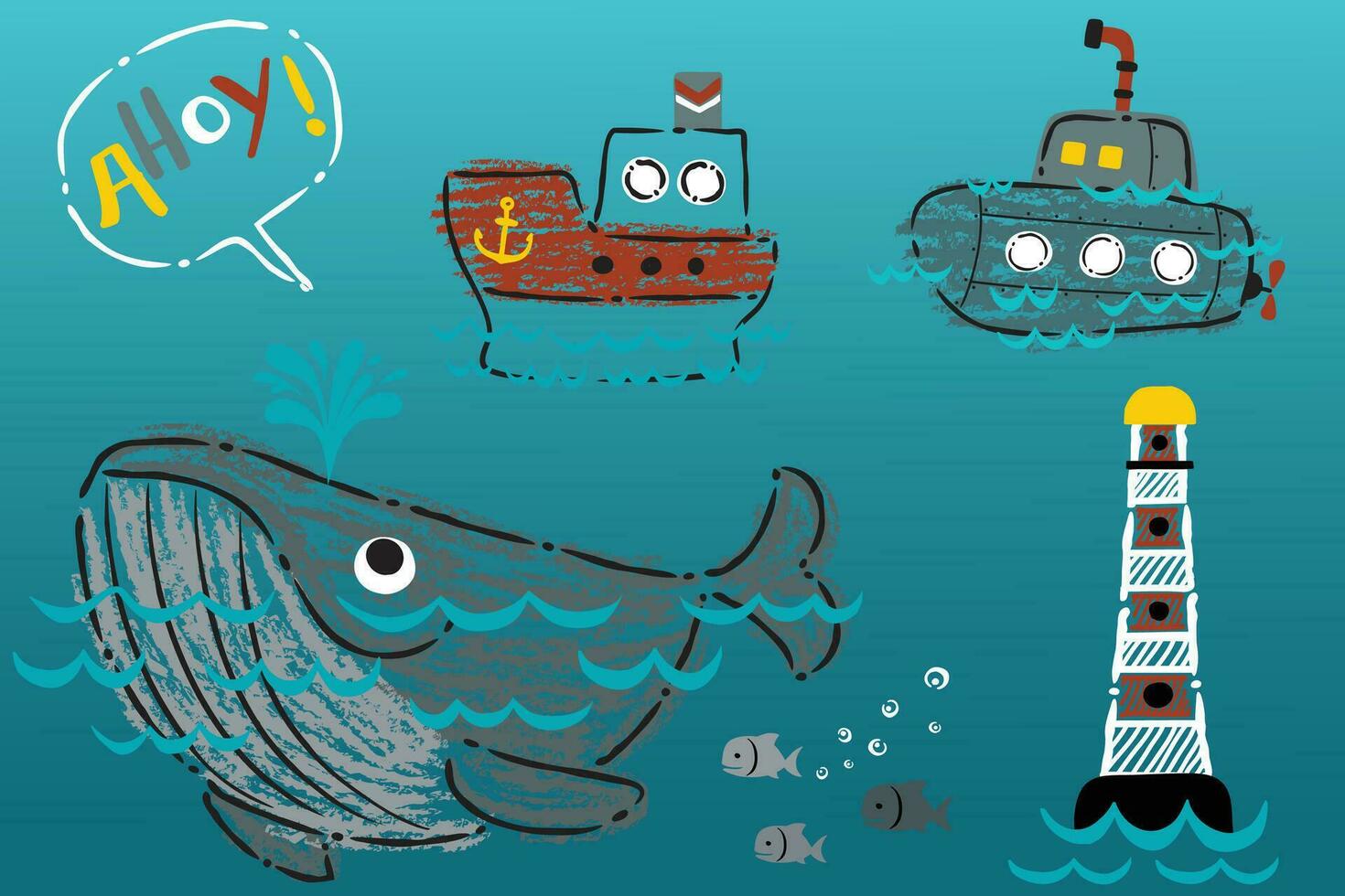 Cartoon set of funny whale with sea transportations and lighthouse in hand drawn styles vector