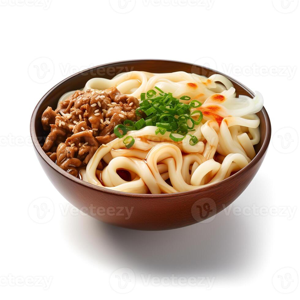 Food photography of Udon on brown bowl isolated on white background. photo