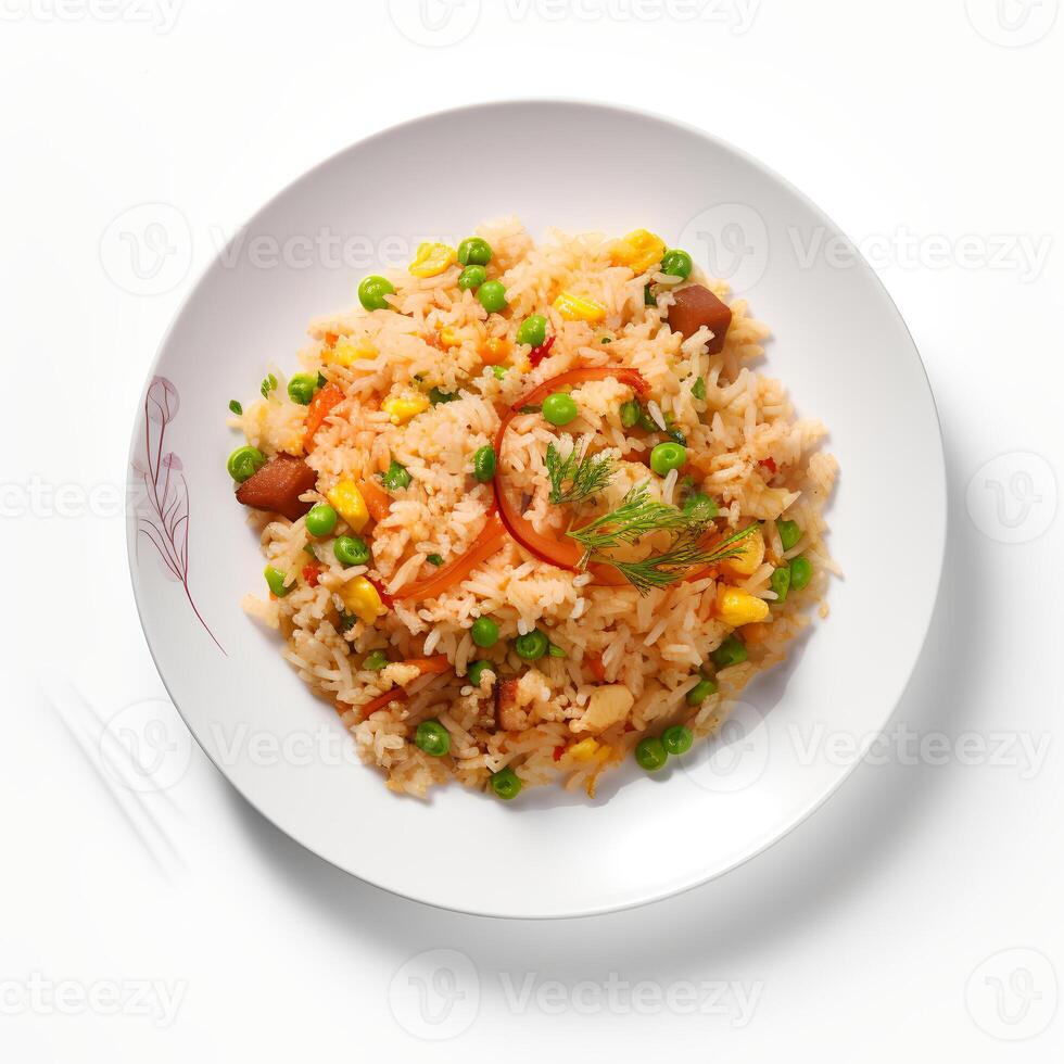 Photo of Fried Rice on plate isolated on white background. Created by