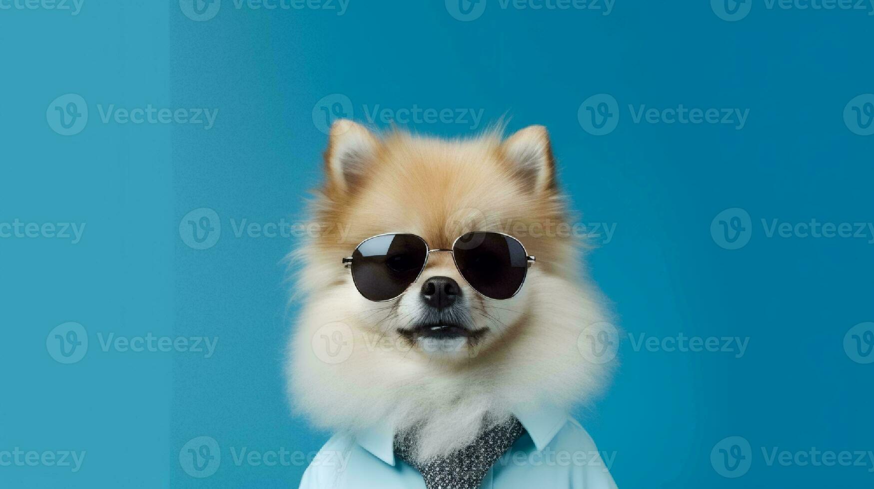 Photo of haughty pomeranian dog using glasses  and office suit on white background. Generative AI