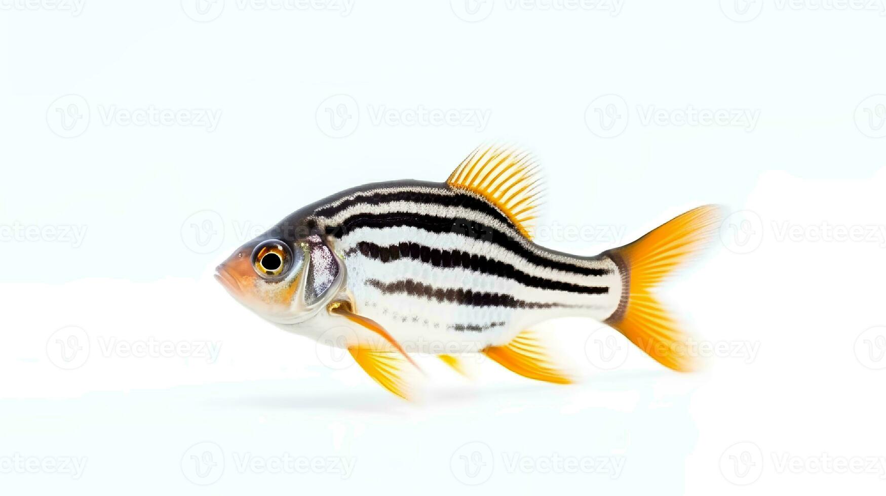 Photo of a zebra danio fish on white background. Generative AI