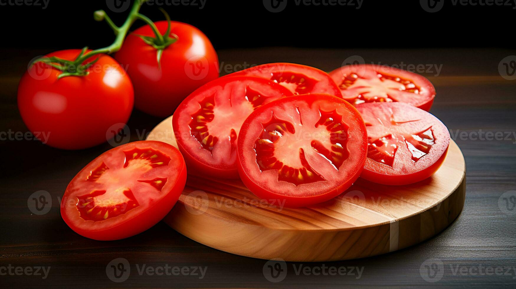 Photo of Tomatoes and slice of tomatoes on wooden plate  isolated on black background