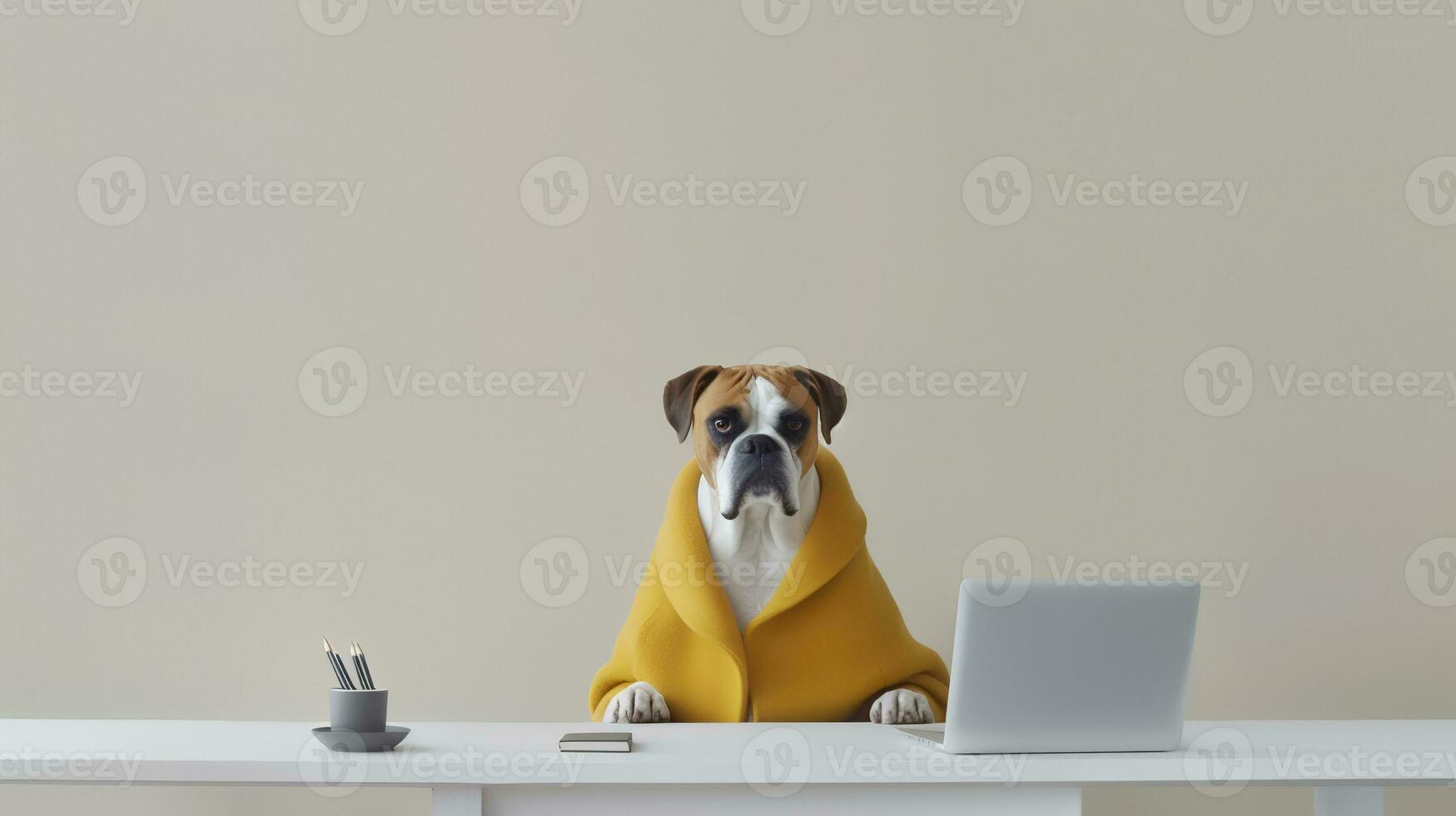 a bulldog dog in a yellow clothes sits studying accompanied by a cup and piles of books. Generative AI photo