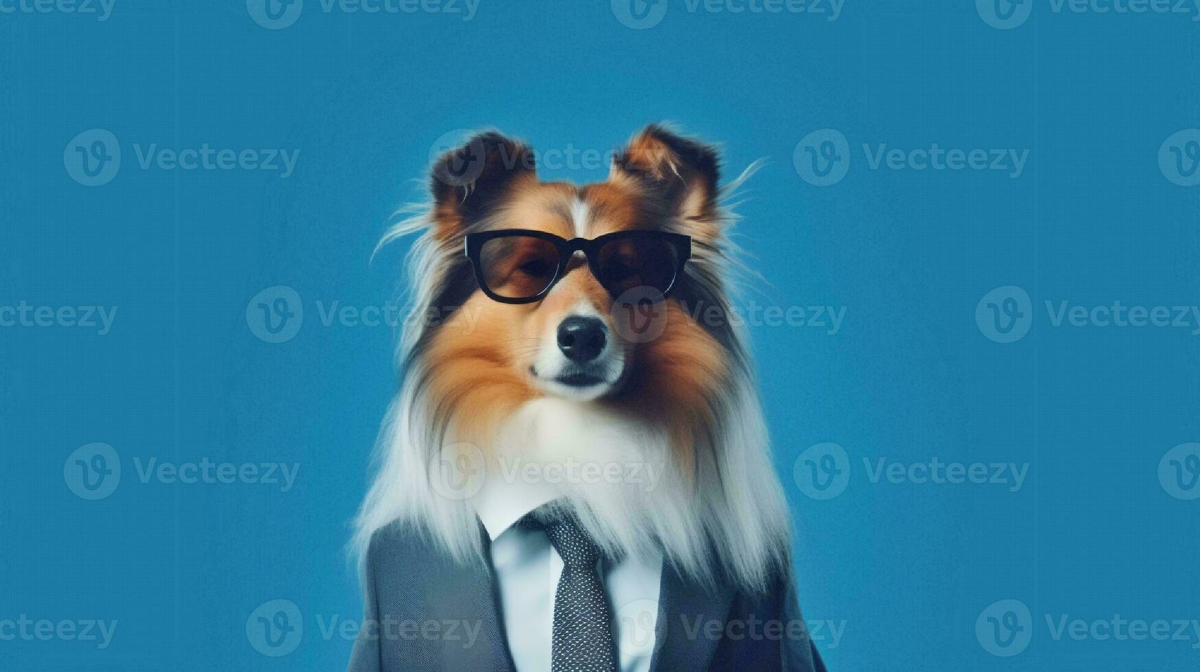Photo of haughty rough collie dog using sunglasses  and office suit on white background. Generative AI