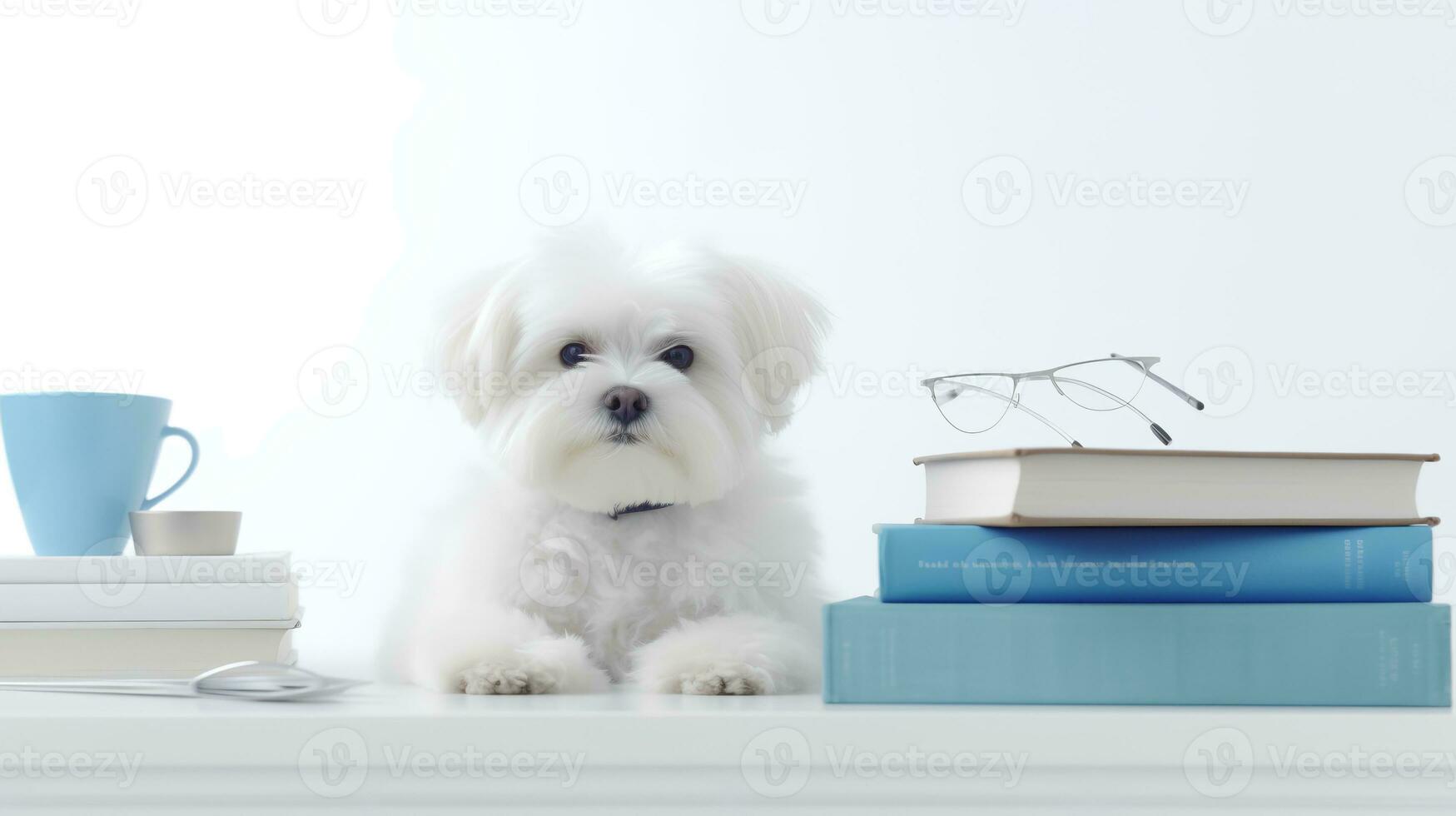 un maltés perro en un suéter se sienta estudiando acompañado por un taza y pila de algo de libros. generativo ai foto